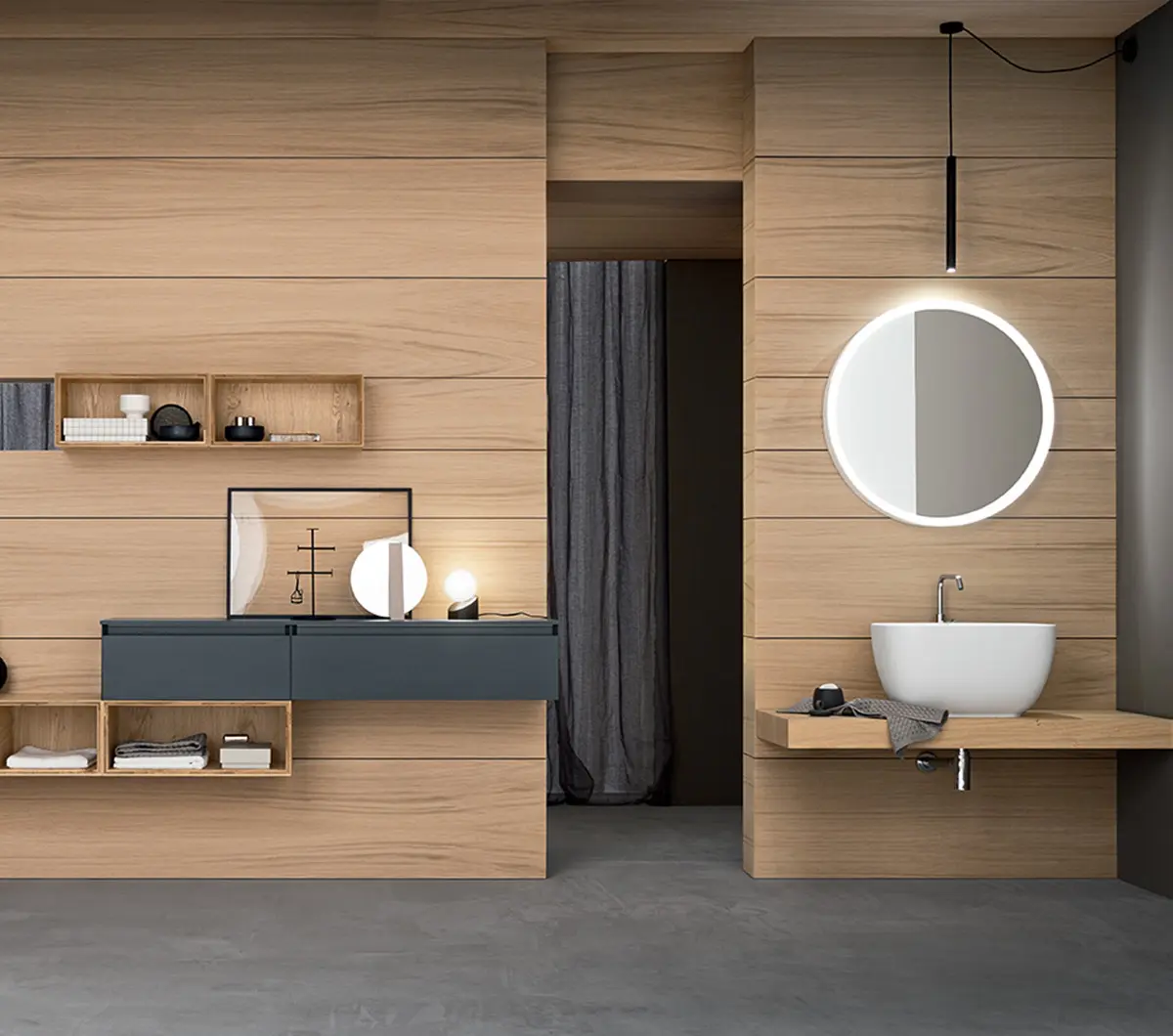 Lineò, base contenitore sospesa in legno laccato antracite opaco e top scatolato in rovere naturale