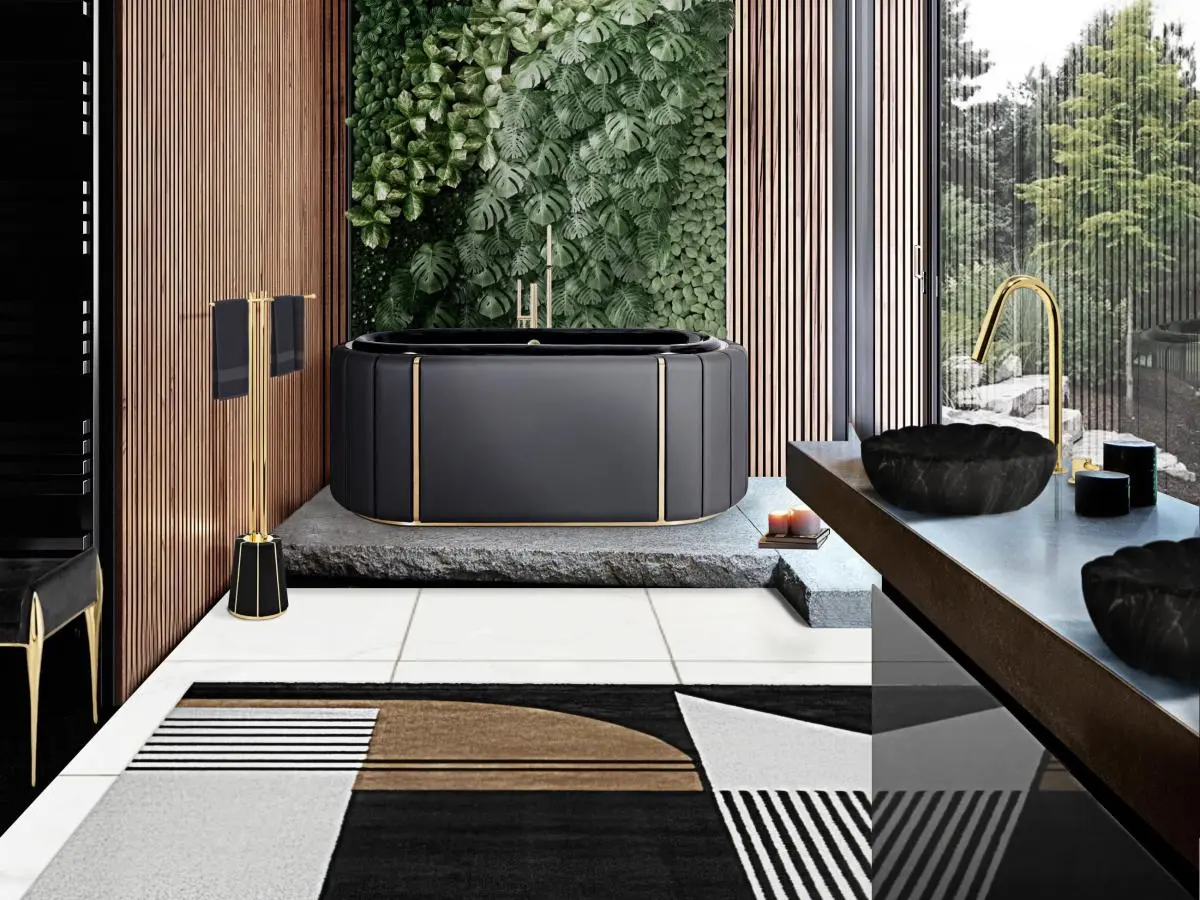 Bagno naturale con vasca Darian, tappeto e dettagli in oro e legno.
