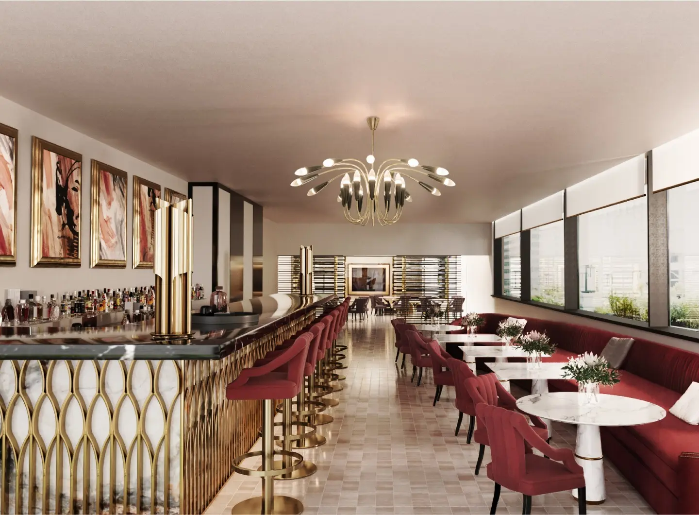 Ristorante dal design contemporaneo con dettagli rossi e dorati