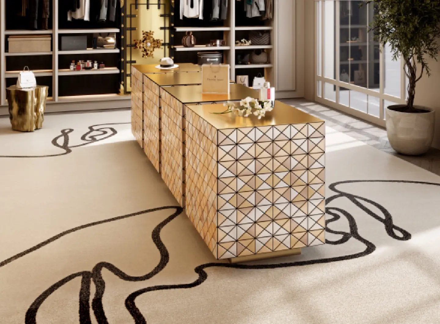 Design Elegante di Cabina Armadio Moderna con Tappeto Taupe