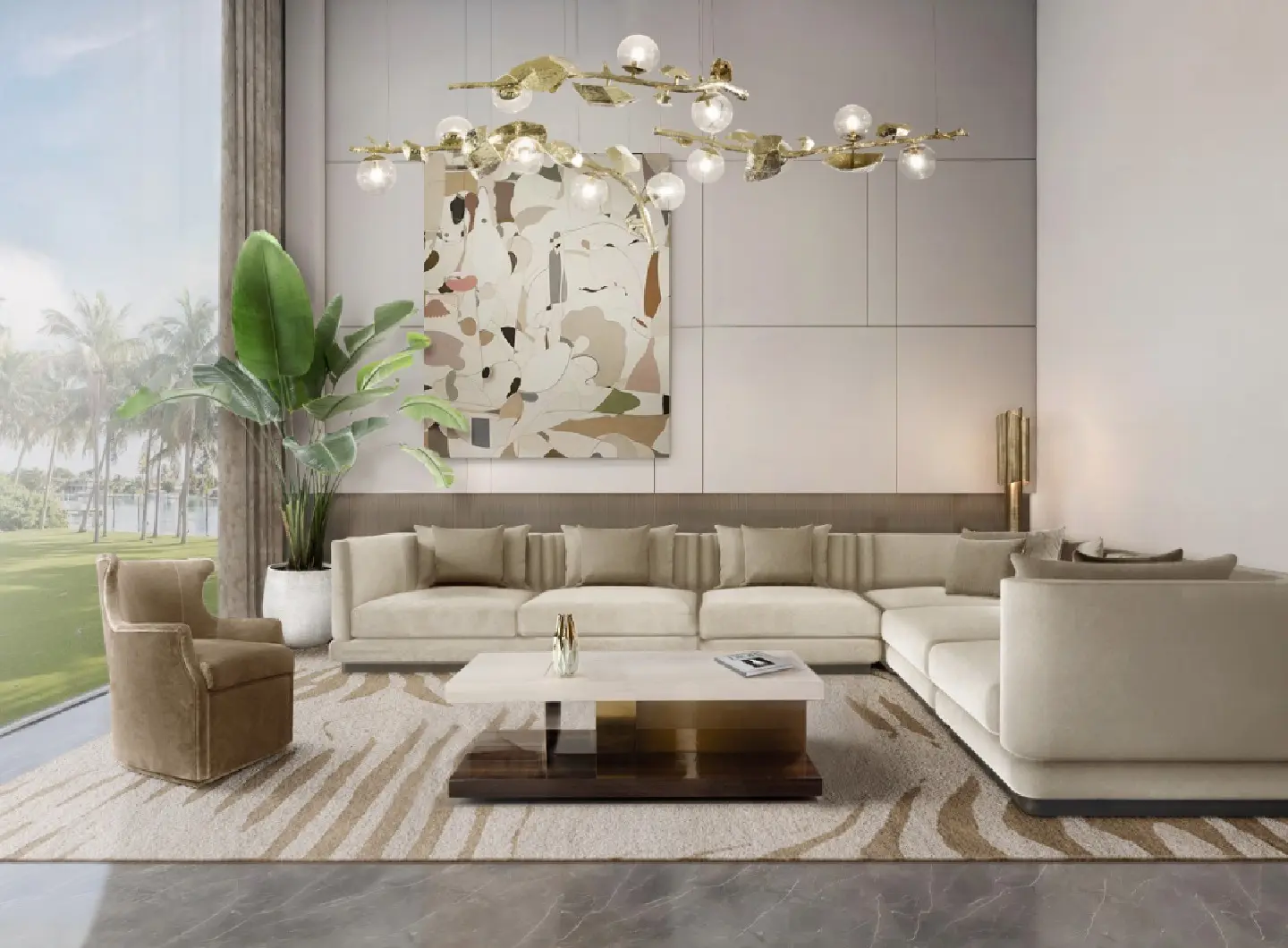 Soggiorno contemporaneo con poltrona girevole verde