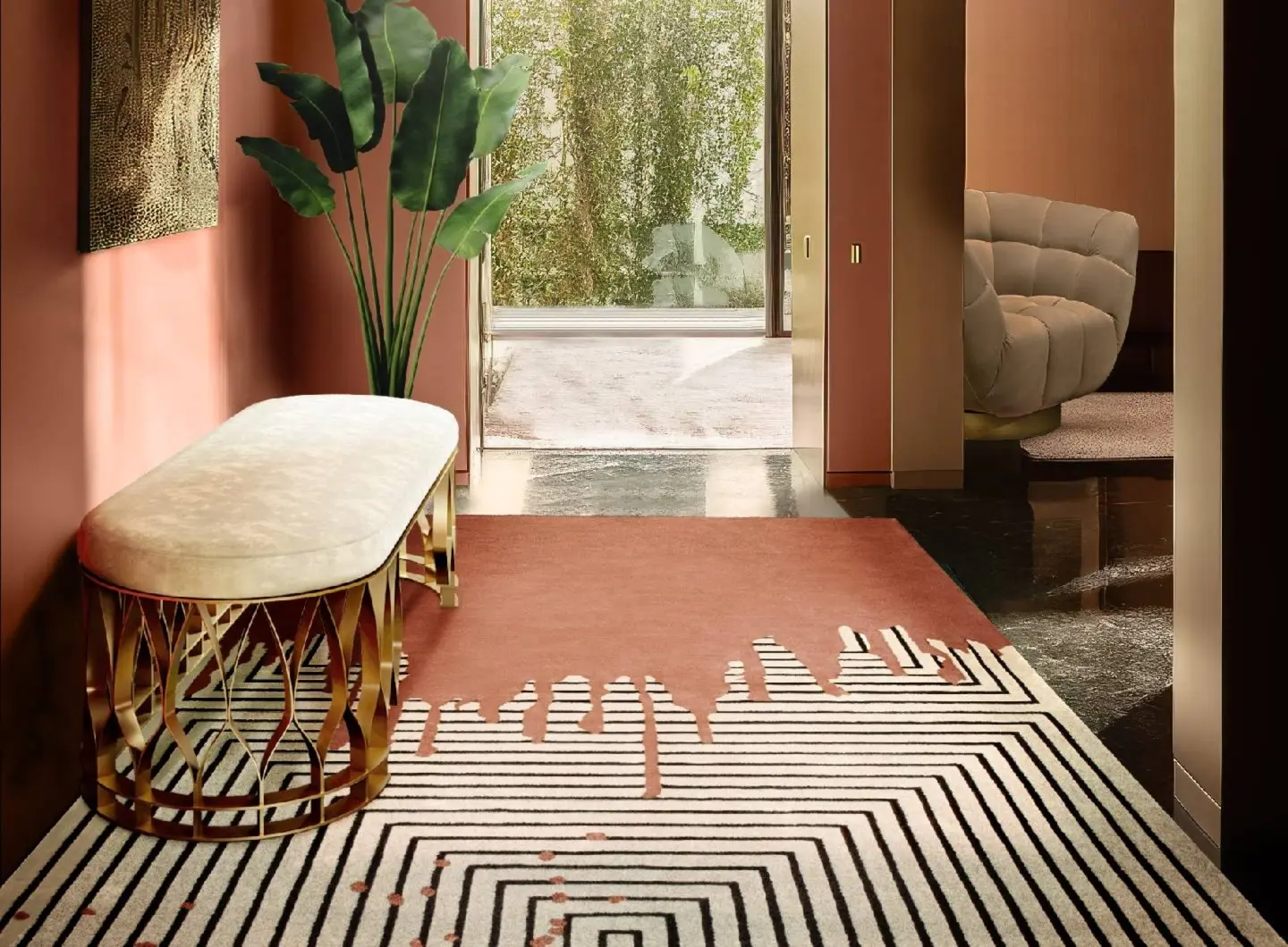 Corridoio dal design contemporaneo con panca MECCA