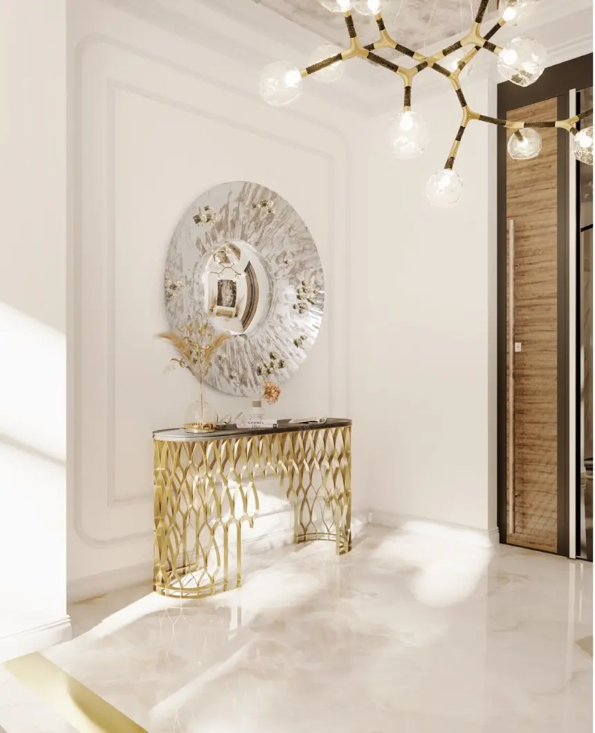 Un Corridoio Elegante: Design Contemporaneo con Dettagli Dorati