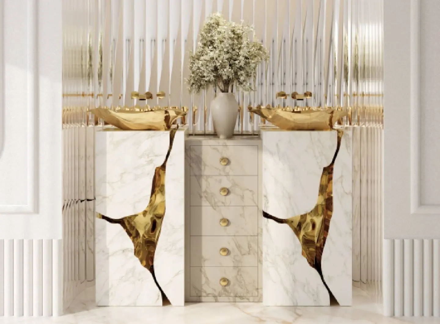 SCOPRITE IL DESIGN DI UN BAGNO DI LUSSO CON ACCENTI DORATI