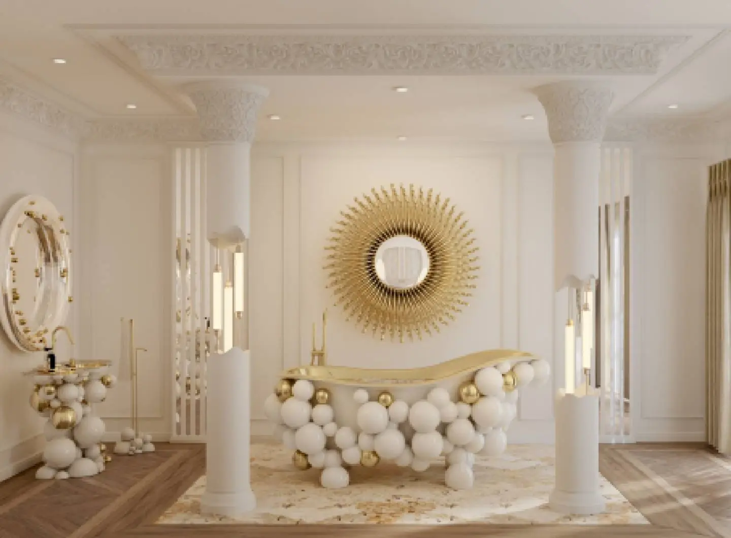 ORO E GLAMOUR DEFINISCONO QUESTO BAGNO DAL DESIGN MOZZAFIATO