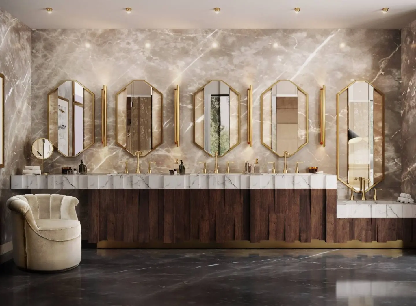INTERNI DEL BAGNO DI UN HOTEL DI LUSSO CON MOBILE VANITY NAZCA E SPECCHIO SAPPHIRE