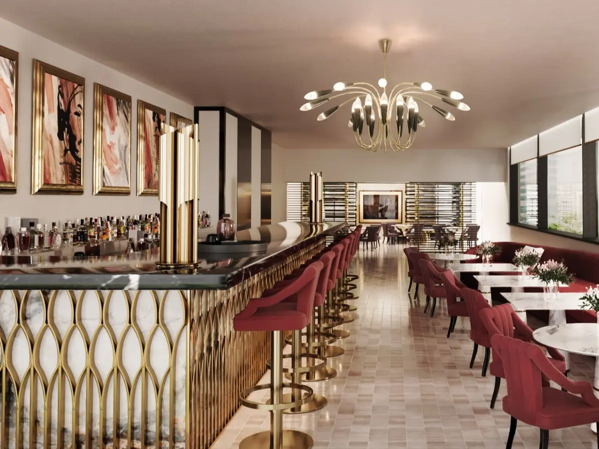 Contemporary restaurant design with red and gold details