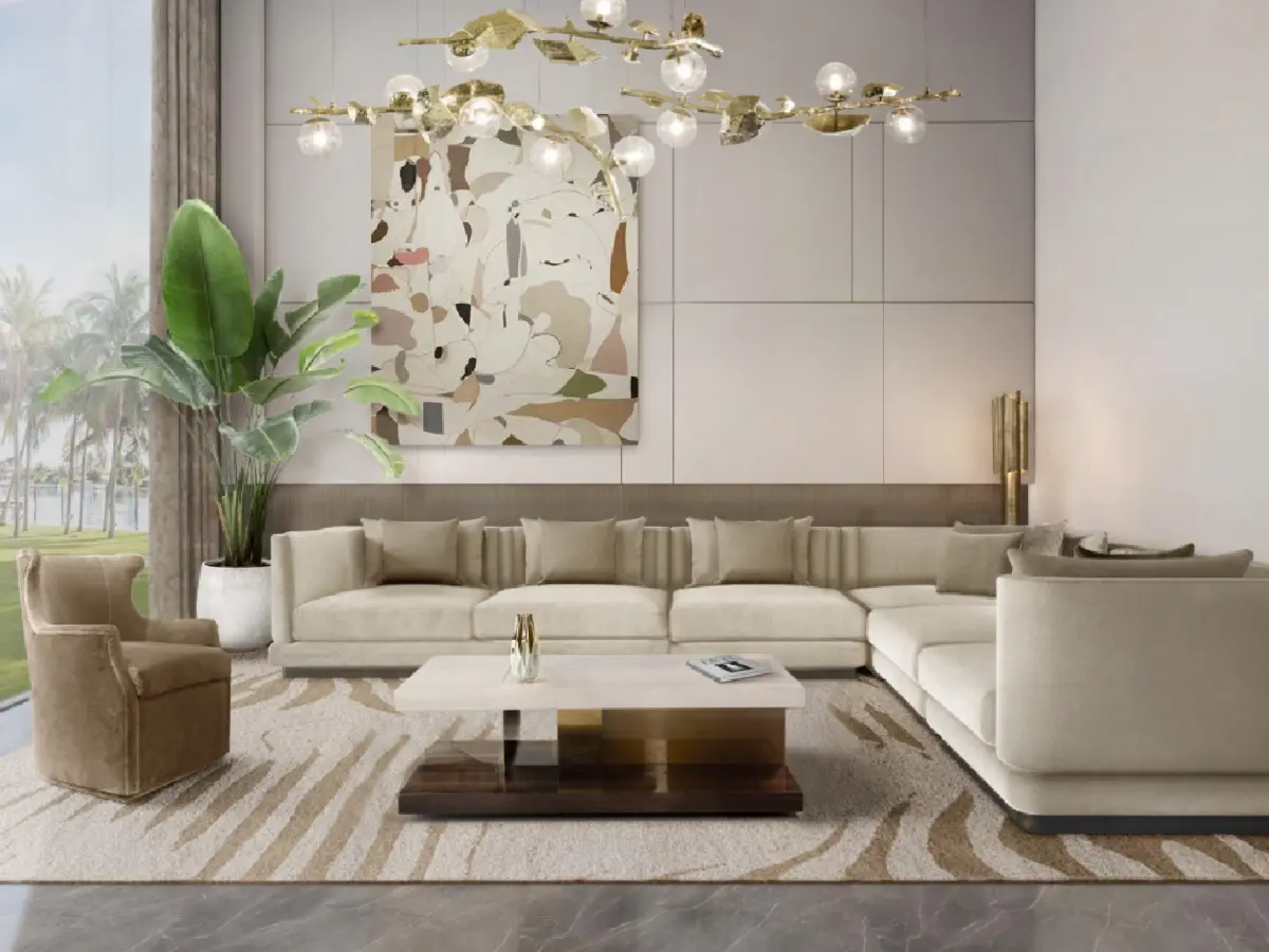 Soggiorno contemporaneo con poltrona girevole verde