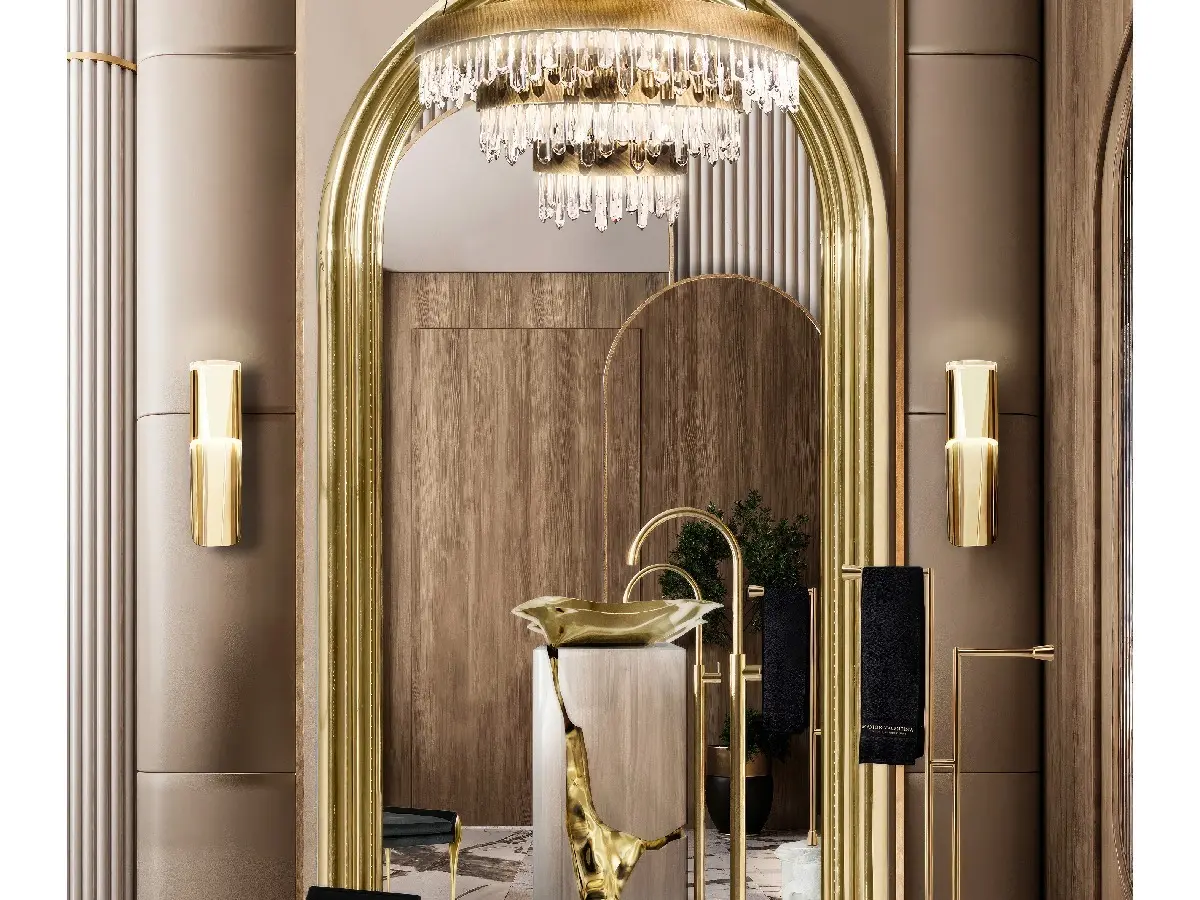 A luxurious bathroom with opulent gold accents