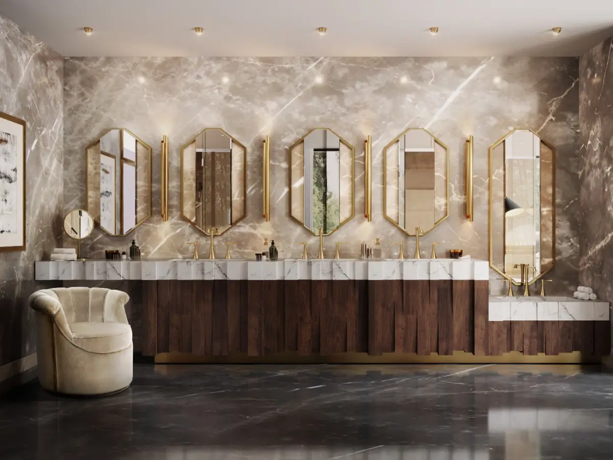 INTERNI DEL BAGNO DI UN HOTEL DI LUSSO CON MOBILE VANITY NAZCA E SPECCHIO SAPPHIRE