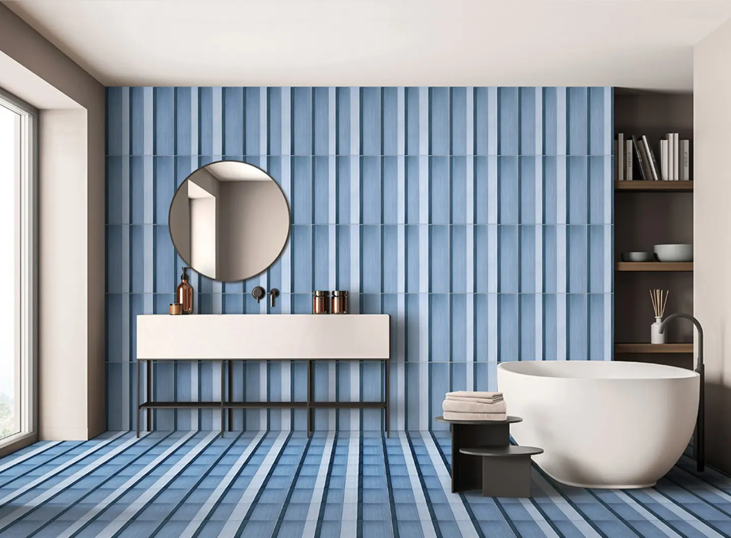 Righe Blu Niagara, collezione Geometrie d'Ombra, di Ceramica Francesco De Maio