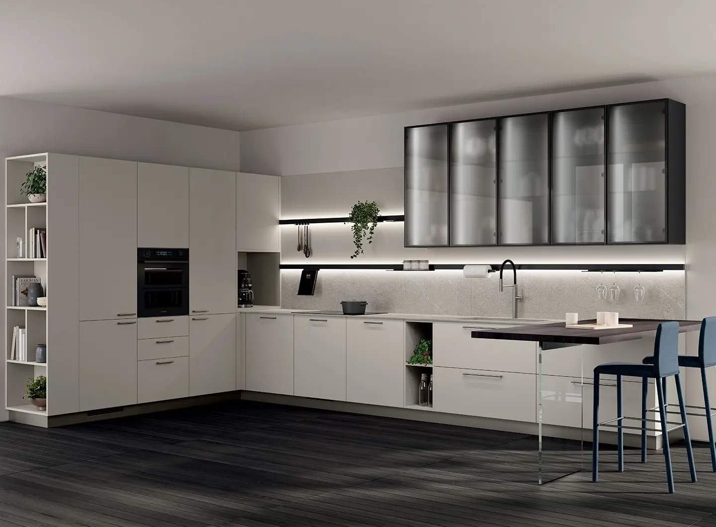 Cucina Moda - ante laccato opaco Grigio Chiaro e ante telaio alluminio finitura acciaio scuro con vetro fumè satinato.