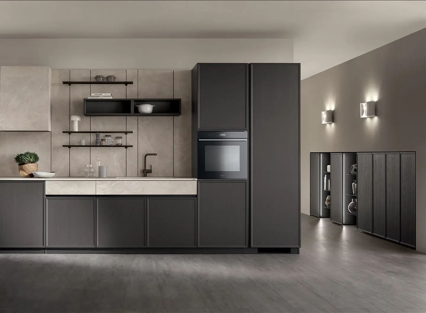 Cucina Poetica - ante telaio legno Frassino Grigio Ferro e gres porcellanato Diamond Cream.