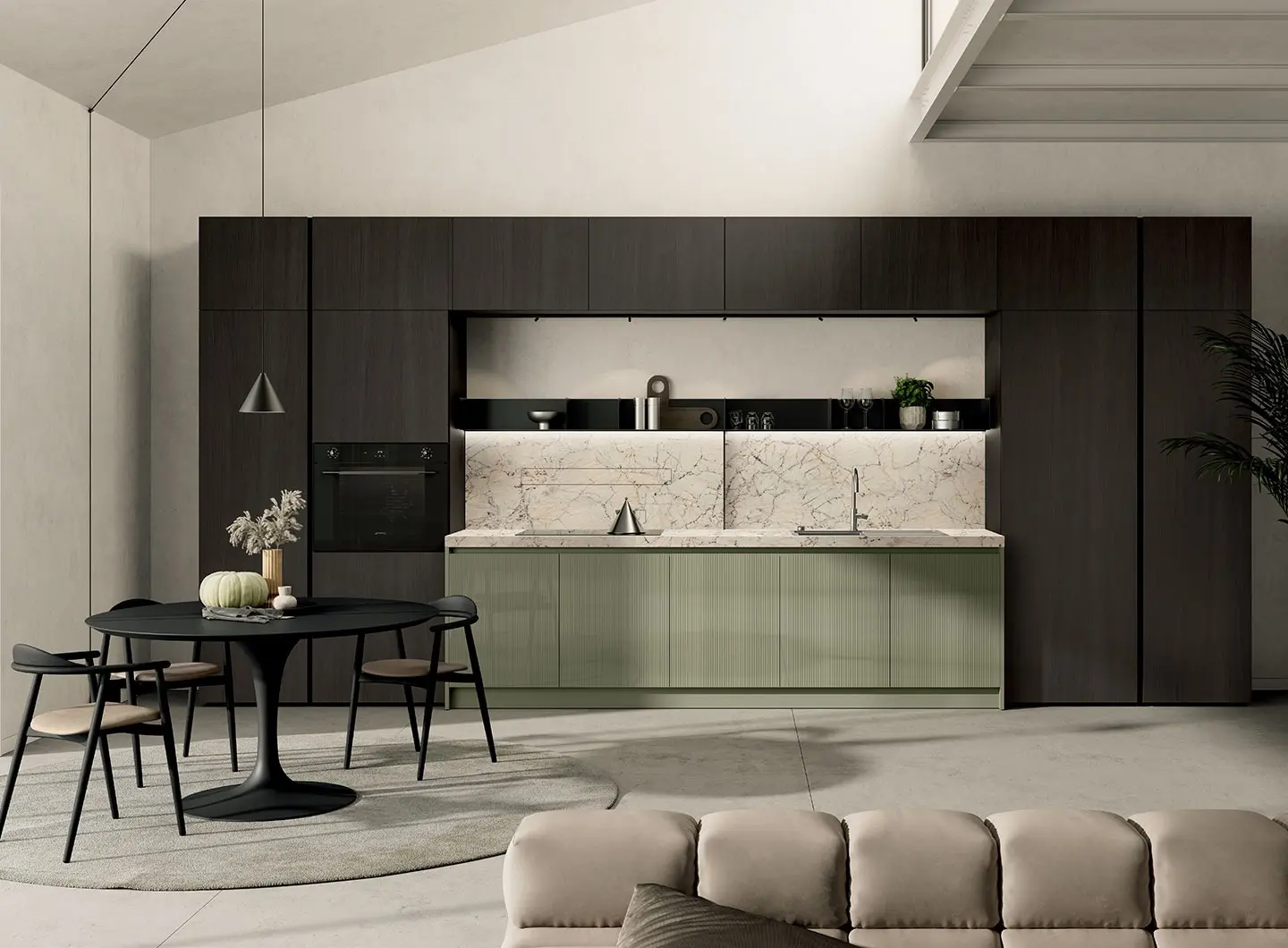 Cucina Regola - ante laccato dogato lucido Verde Alga, impiallacciato Rovere Carbone ed elementi a giorno in metallo finitura Antracite.