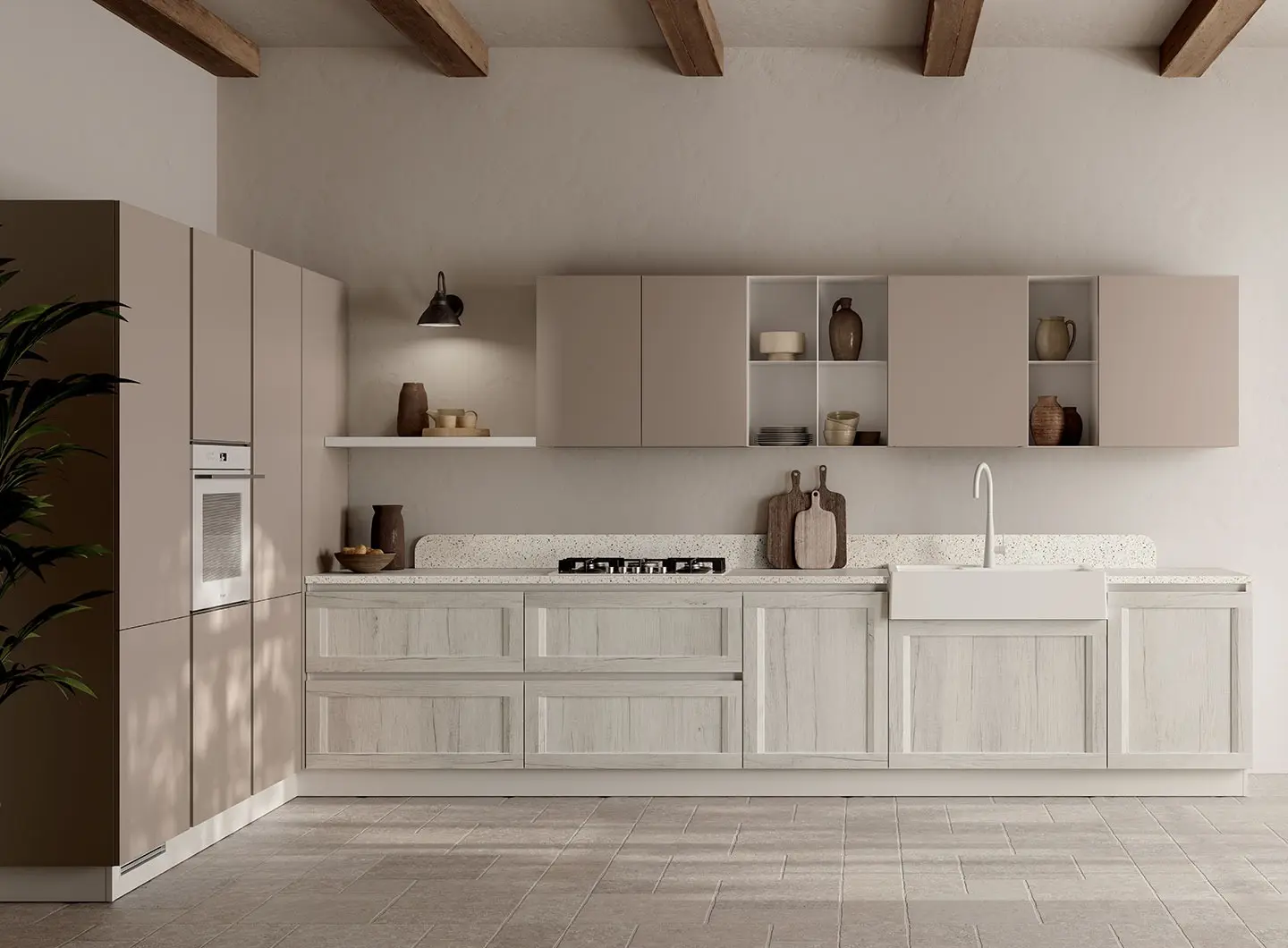 Cucina Regola - ante telaio decorativo Rovere Artic, PET Limo ed elementi a giorno in metallo finitura Bianca.