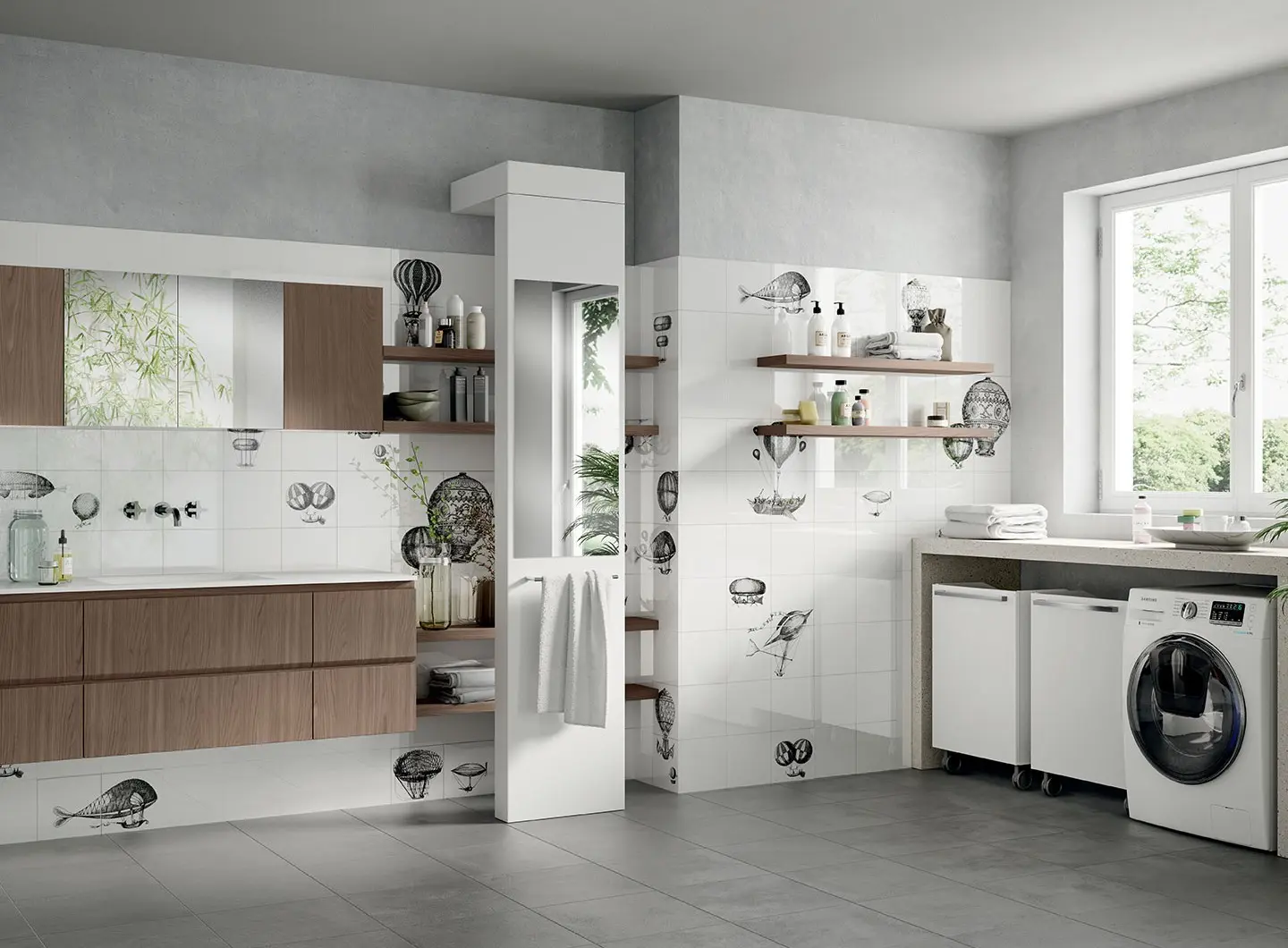 Laundry Space | Rivo - ante in decorativo Noce Classic, parete girevole Around e cestoni Trolley in decorativo Bianco.
