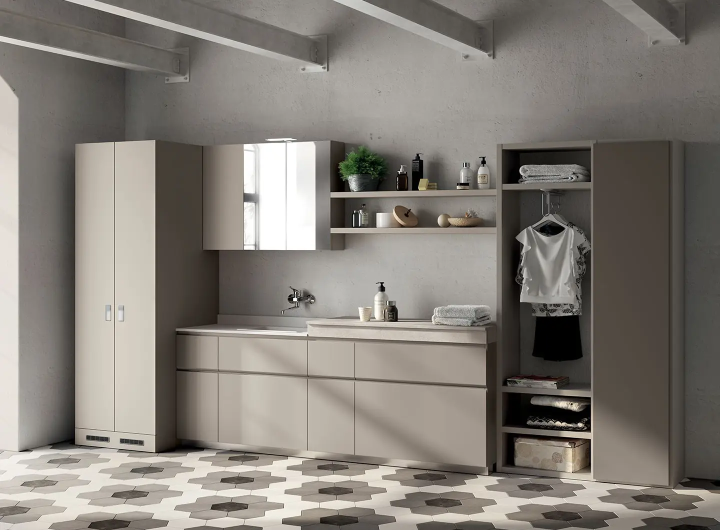 Laundry Space | Rivo - ante in decorativo Soft Greige. Sistema parete “Fluida” in decorativo Grigio Gabbiano.