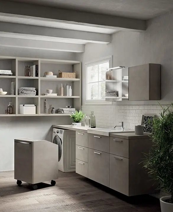 Laundry Space | Aquo - Composizione con ante in decorativo Azimut. Sistema Parete “Fluida” in decorativo Grigio Gabbiano.