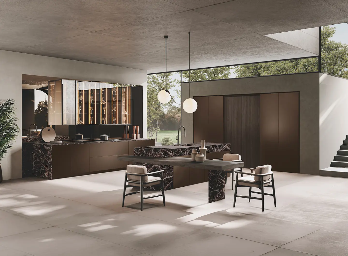 Cucina Bluna Tech Alluminio con piano in Pietra Naturale rosso Levanto, Binova 
