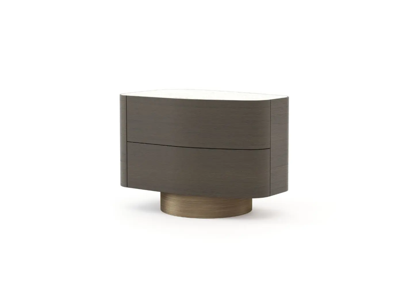Il tavolino Stone presenta una struttura curva in legno scuro con due cassetti, un piano in pietra chiara e una base circolare, ed è raffigurato in un ambiente minimalista che ne esalta la forma scultorea.
