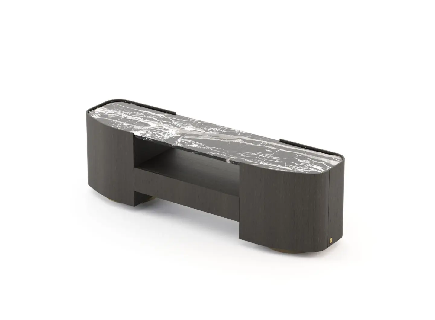La consolle bassa Stone è raffigurata di fronte: presenta una struttura in legno scuro con bordi arrotondati, un piano in marmo nero con venature bianche e un ripiano centrale aperto.