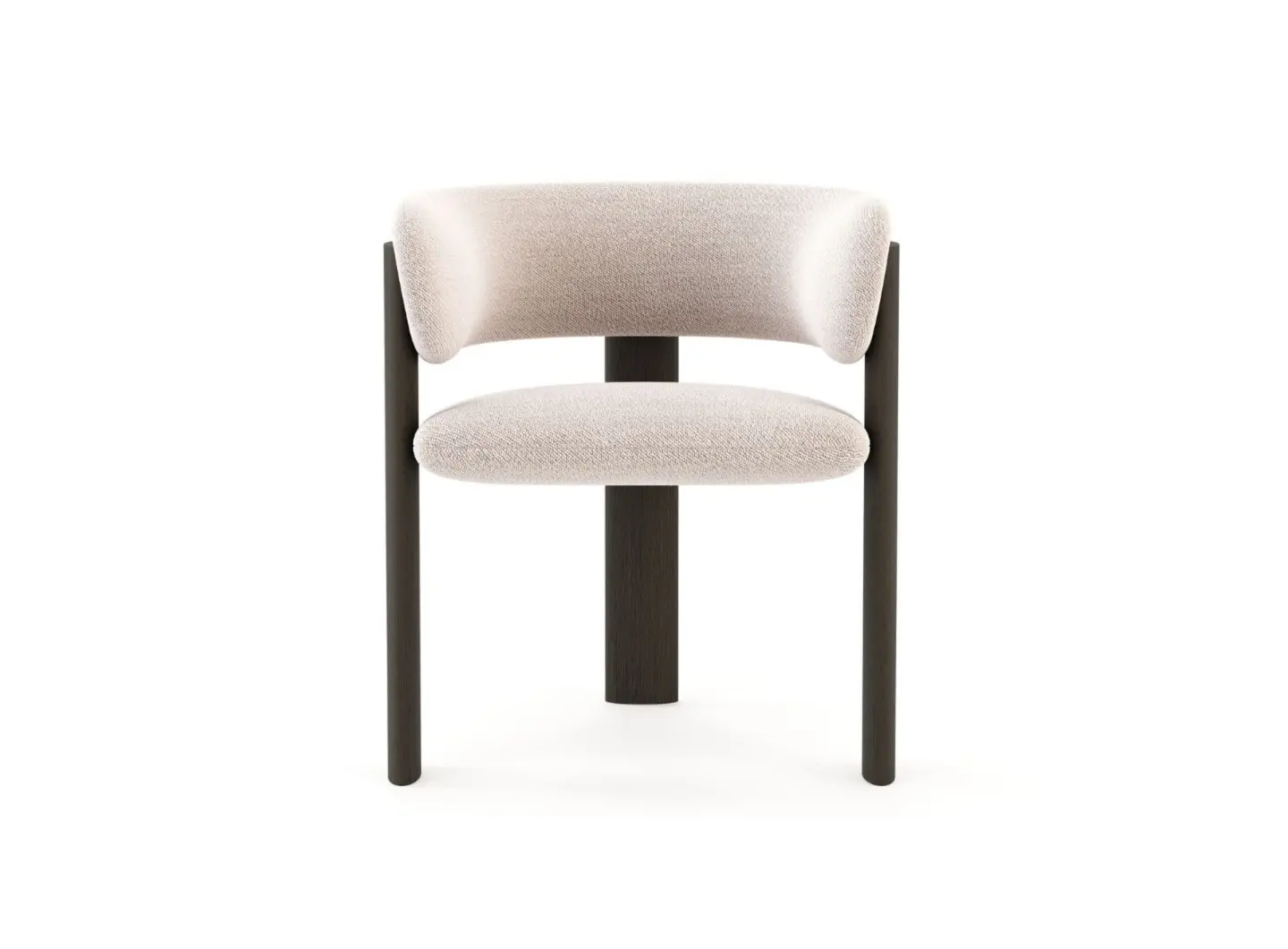 La sedia Dolomites si presenta come una sedia minimalista con uno schienale curvo e una seduta imbottita in tessuto beige chiaro, sostenuta da due gambe in legno scuro che si estendono verso l'alto per incorniciare lo schienale.