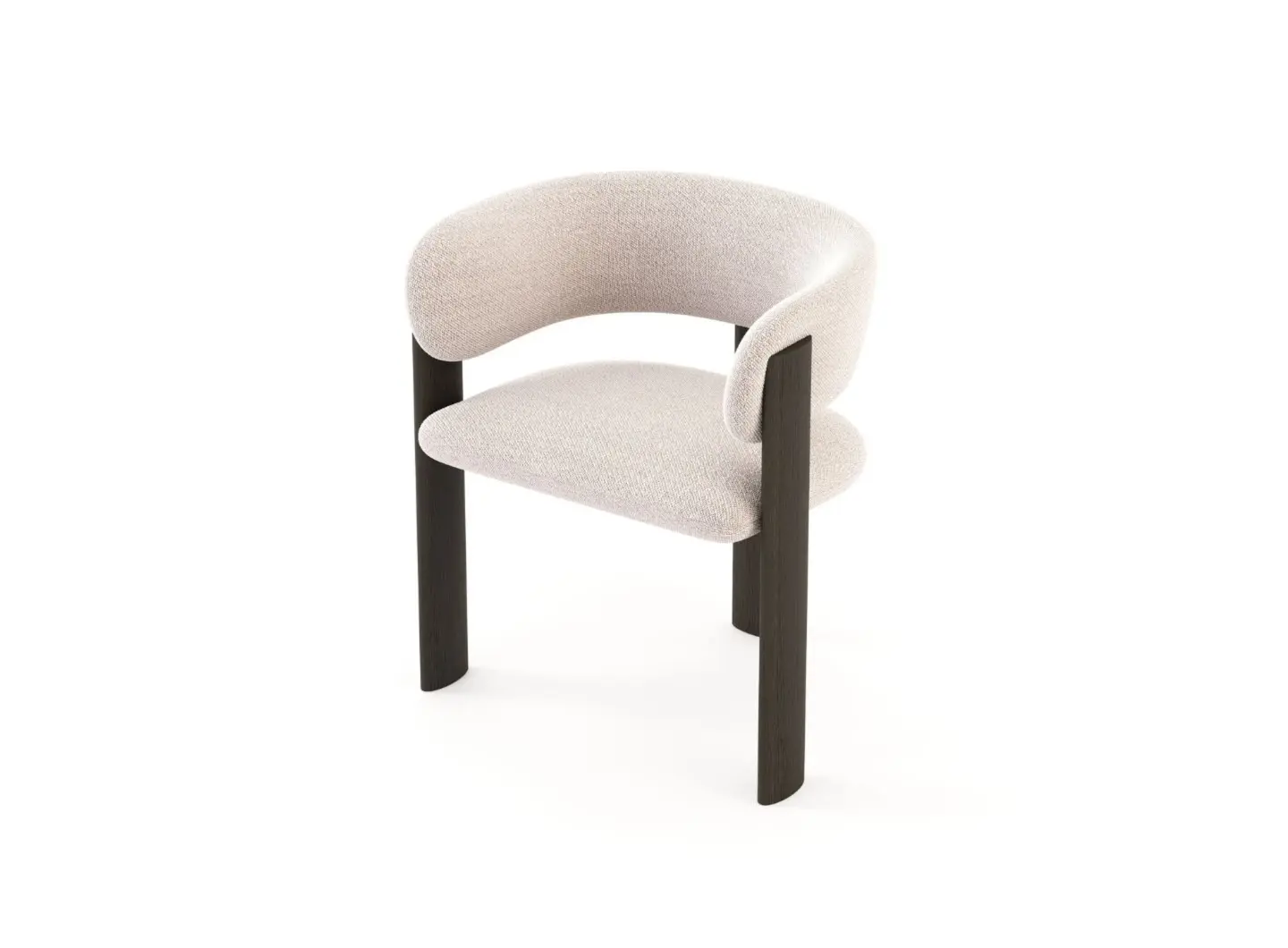 La sedia Dolomites si presenta come una sedia imbottita di colore beige chiaro, con seduta e schienale curvi, sostenuta da due gambe alte in legno scuro che si innalzano sopra la seduta, creando una silhouette pulita e contemporanea.