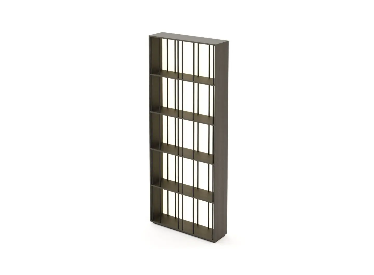 La libreria Buren è mostrata come una struttura alta in legno con listelli equidistanti che formano una griglia ritmica, con il retro aperto che lascia filtrare la luce e ne esalta la presenza architettonica leggera e minimalista.