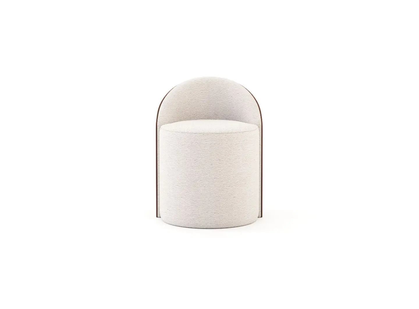 Lo Sgabello Elis è mostrato come una seduta cilindrica compatta con schienale arrotondato, interamente rivestita in tessuto beige chiaro con un sottile profilo marrone lungo i bordi, che ne evidenzia la forma minimalista e morbida.