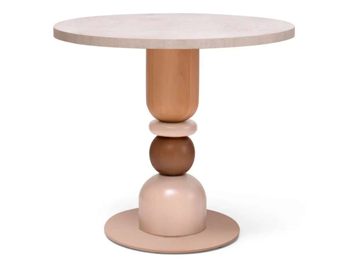 design table made from turned wooden pieces
