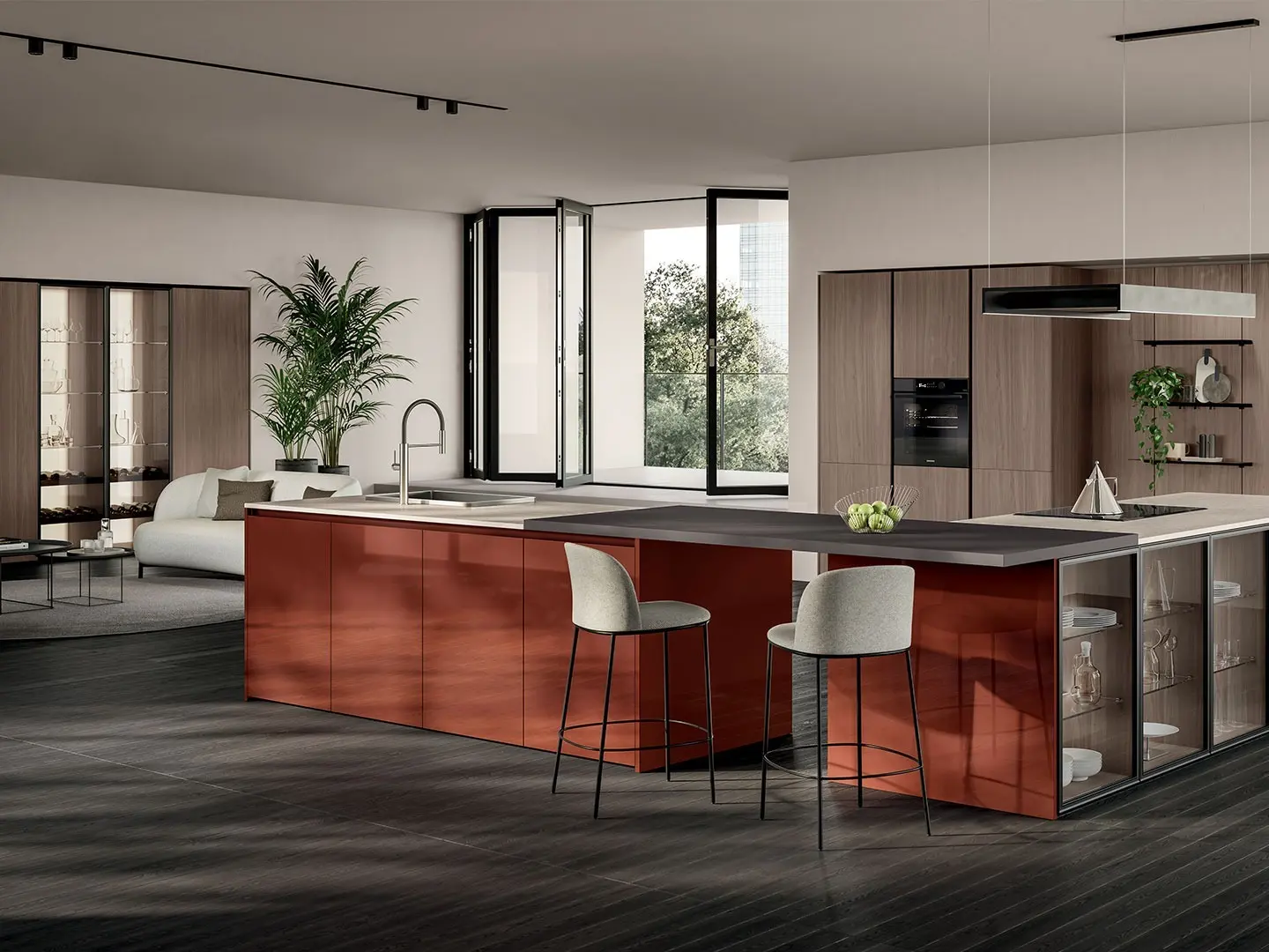 Essenza - cucina con isola, ante decorativo Noce Classic, ante laccato lucido e opaco Mattone, ante Air Box telaio alluminio sagomato finitura Grigio Antracite con vetro fumé trasparente.