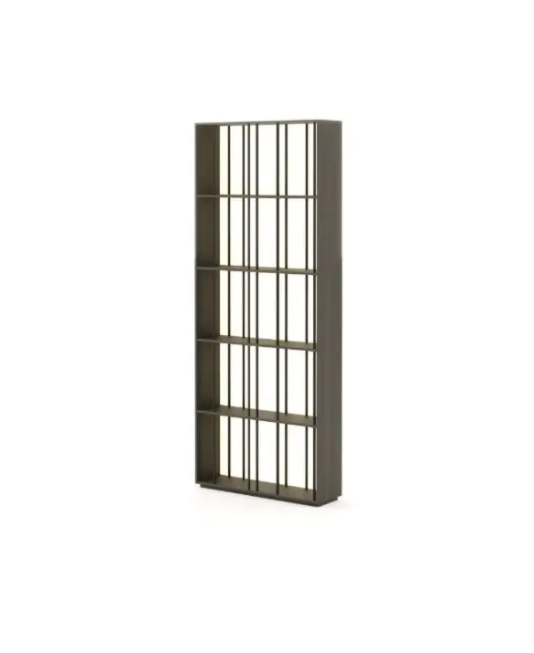 La libreria Buren è mostrata su uno sfondo bianco come una struttura alta in legno scuro, definita da linee verticali e orizzontali equidistanti che creano una griglia ritmica e ne sottolineano la presenza architettonica e minimalista.