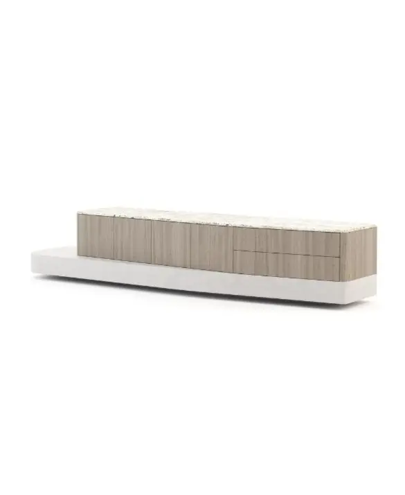    Il mobile TV Stone si presenta come un mobile basso di forma rettangolare con struttura in microcemento e piano in travertino, caratterizzato da linee verticali pulite e da una discreta suddivisione dei cassetti sul lato destro, il tutto inserito in un ambiente minimalista che ne esalta la forma architettonica.