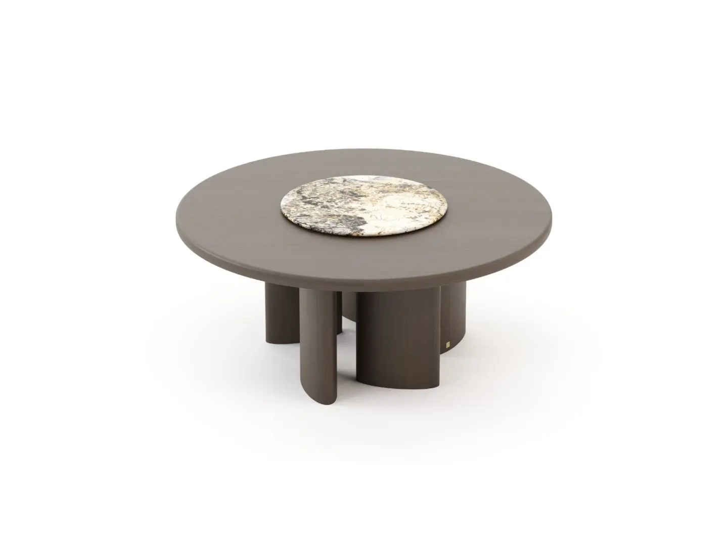 Il Tavolo da pranzo Rotondo Dolomites appare come un tavolo rotondo in legno scuro con un inserto centrale in marmo nei toni del beige, bianco e grigio, sostenuto da gambe in legno curvate e disposte radialmente per formare una base scultorea.