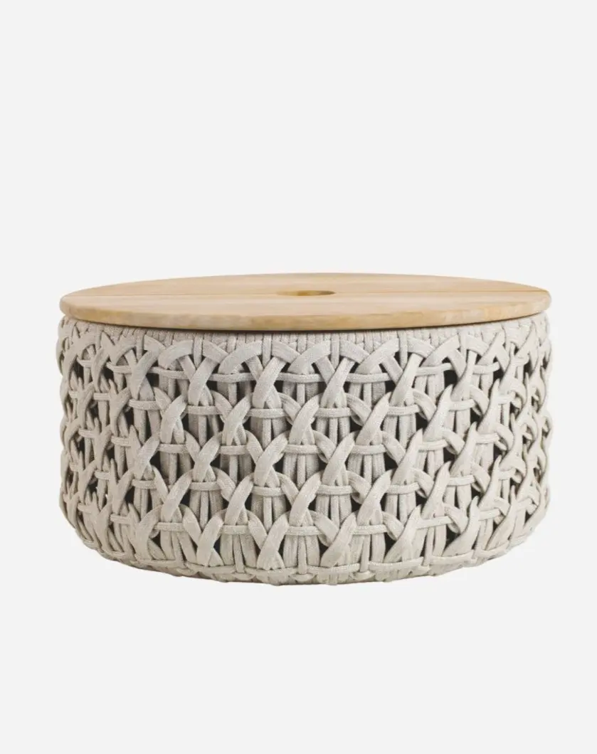 Patio Basket with teak top and rope base.